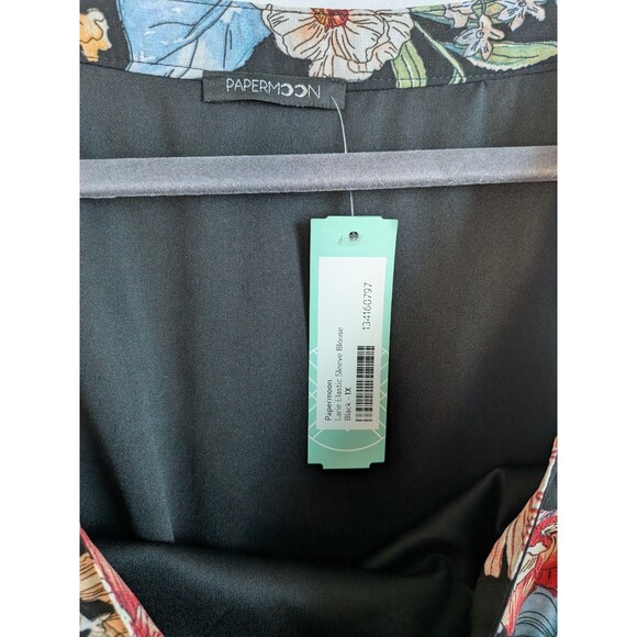 Papermoon Women's 1x Blouse Long Puff Elastic Sleeve Larie Black Floral Fix - Picture 9 of 10